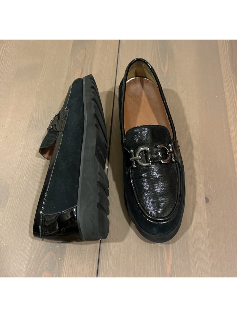 Donald Pliner Helioc Platform Loafers Size 9 Black Suede Patent Horsebit Preppy